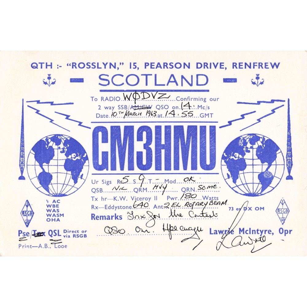 Vintage 1963 QSL Card GM3HMU Renfrew Scotland Ham Radio W0DVZ McIntyre - Picture 1 of 2